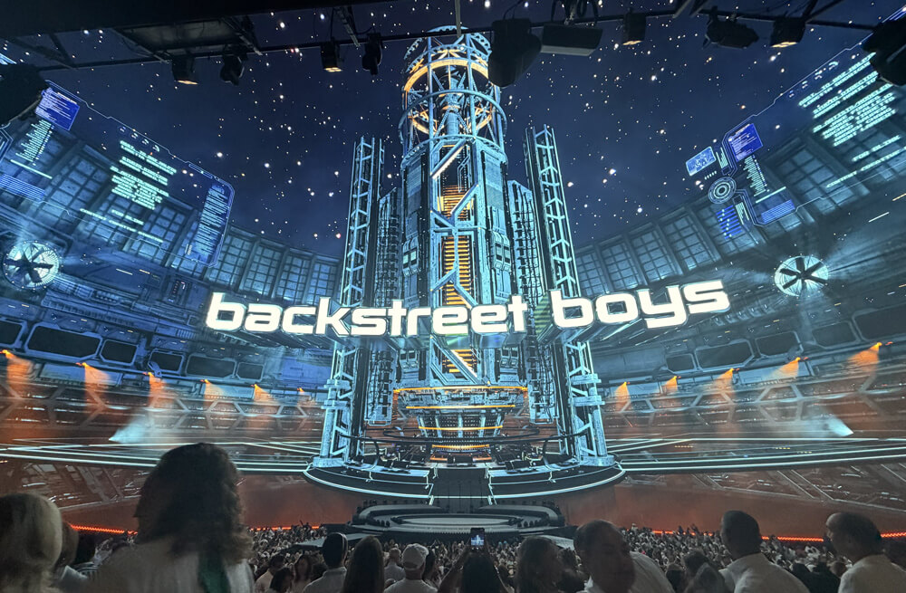 shot of inside the Shere with the curved screen showing a futuristic, mechanical environment with “Backstreet Boys” logo