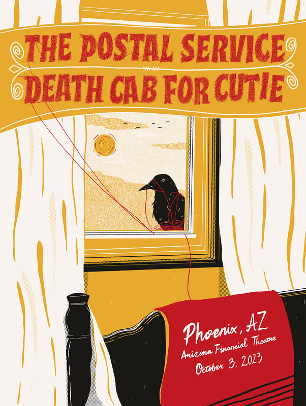 Show poster featuring a crow peeking into a bedroom window