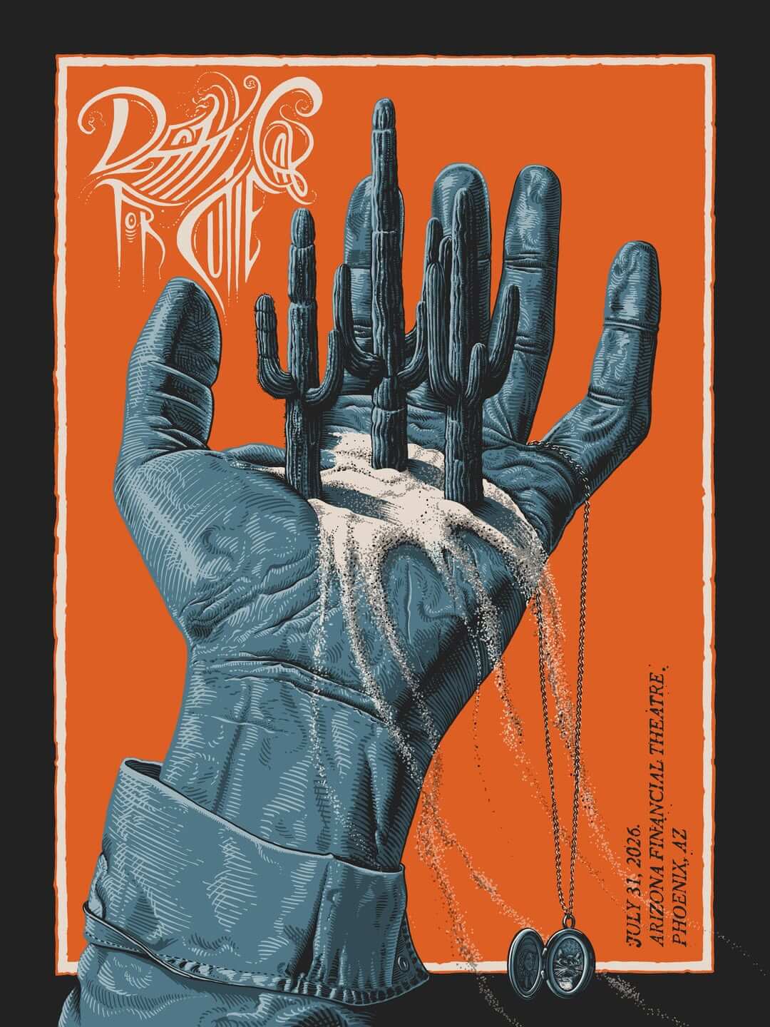 show poster of an illustrated hand holding cacus, sand, and a locket