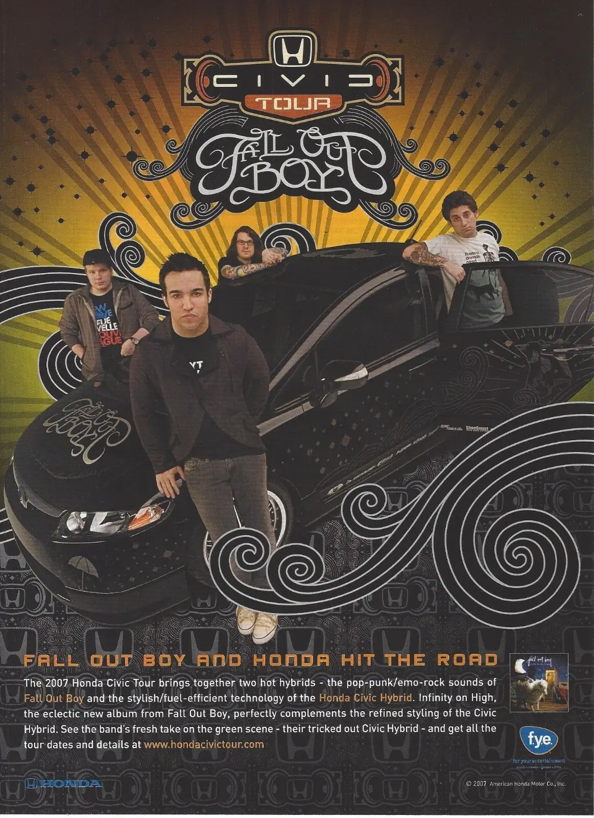 Fall Out Boy posing with a Honda Civic