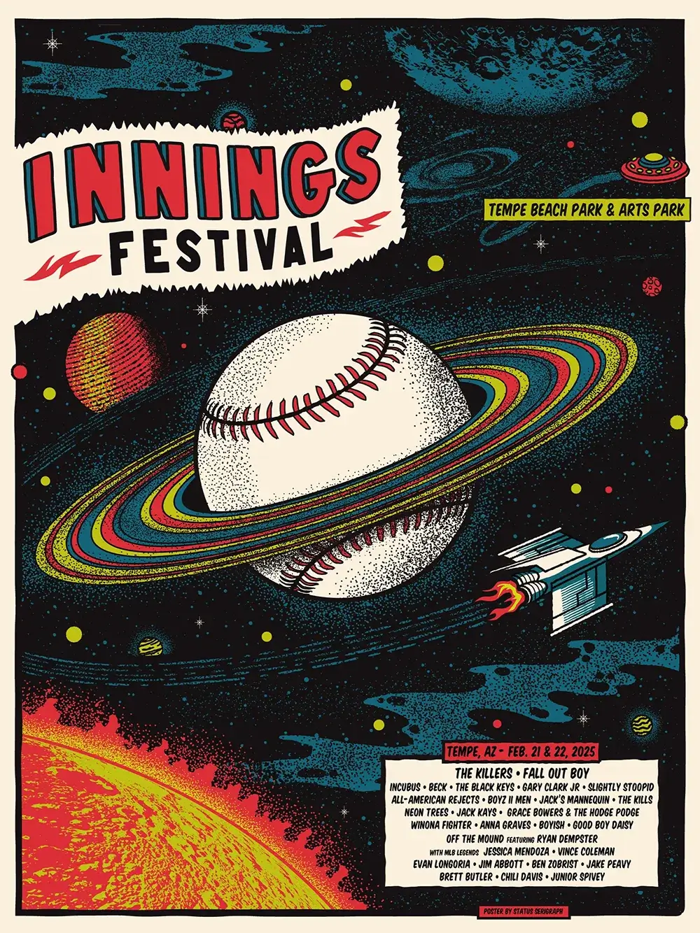 show poster featuring a rainbow ringed planet
