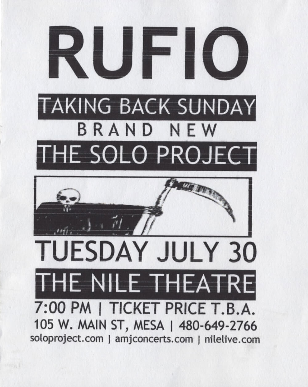 show flyer with a grim reaper illustration