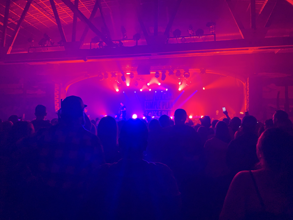 Simple Plan on stage amongst red and purple haze