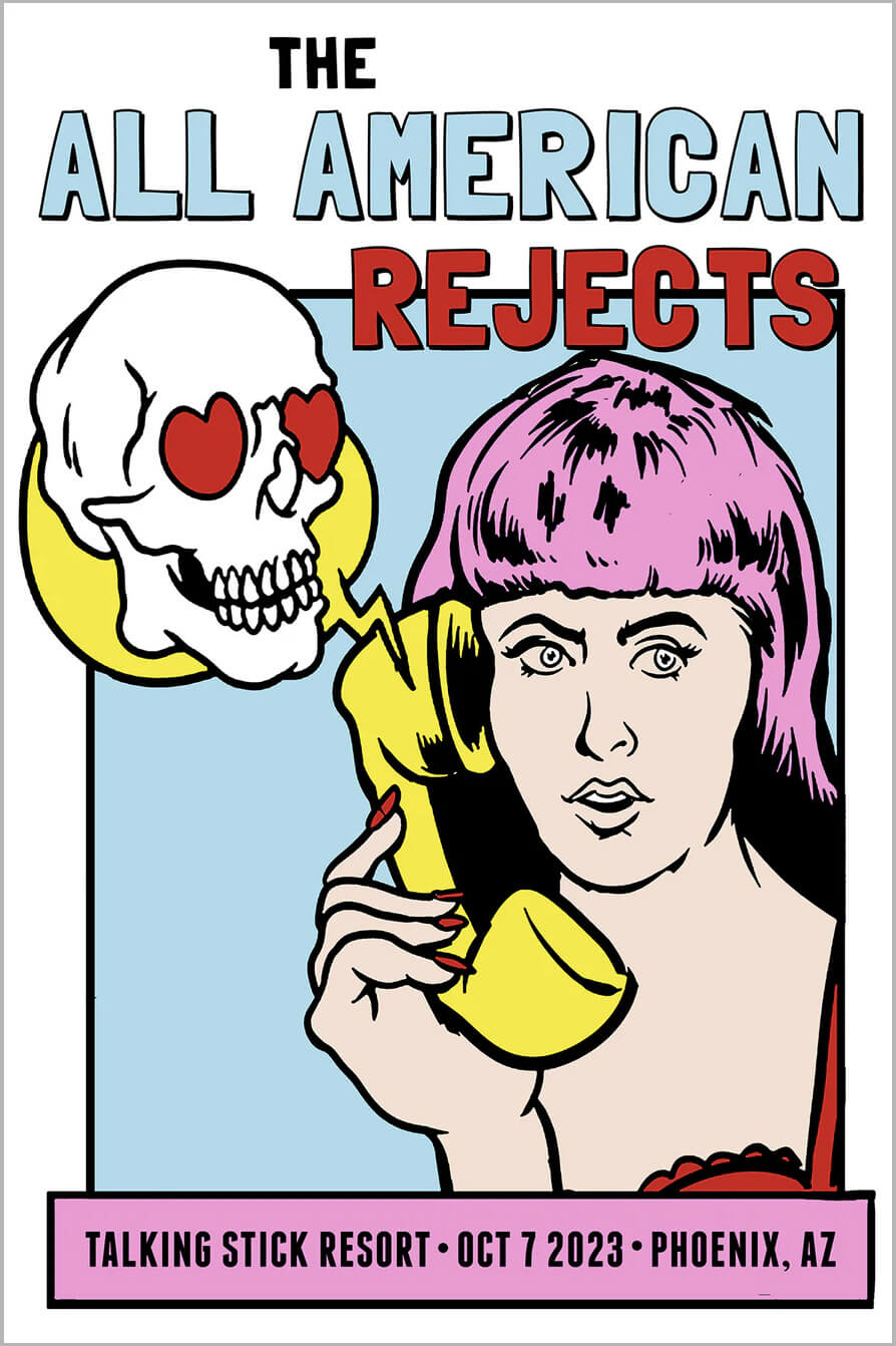 Show poster with a girl talking on the phone with a skull with heart eyes