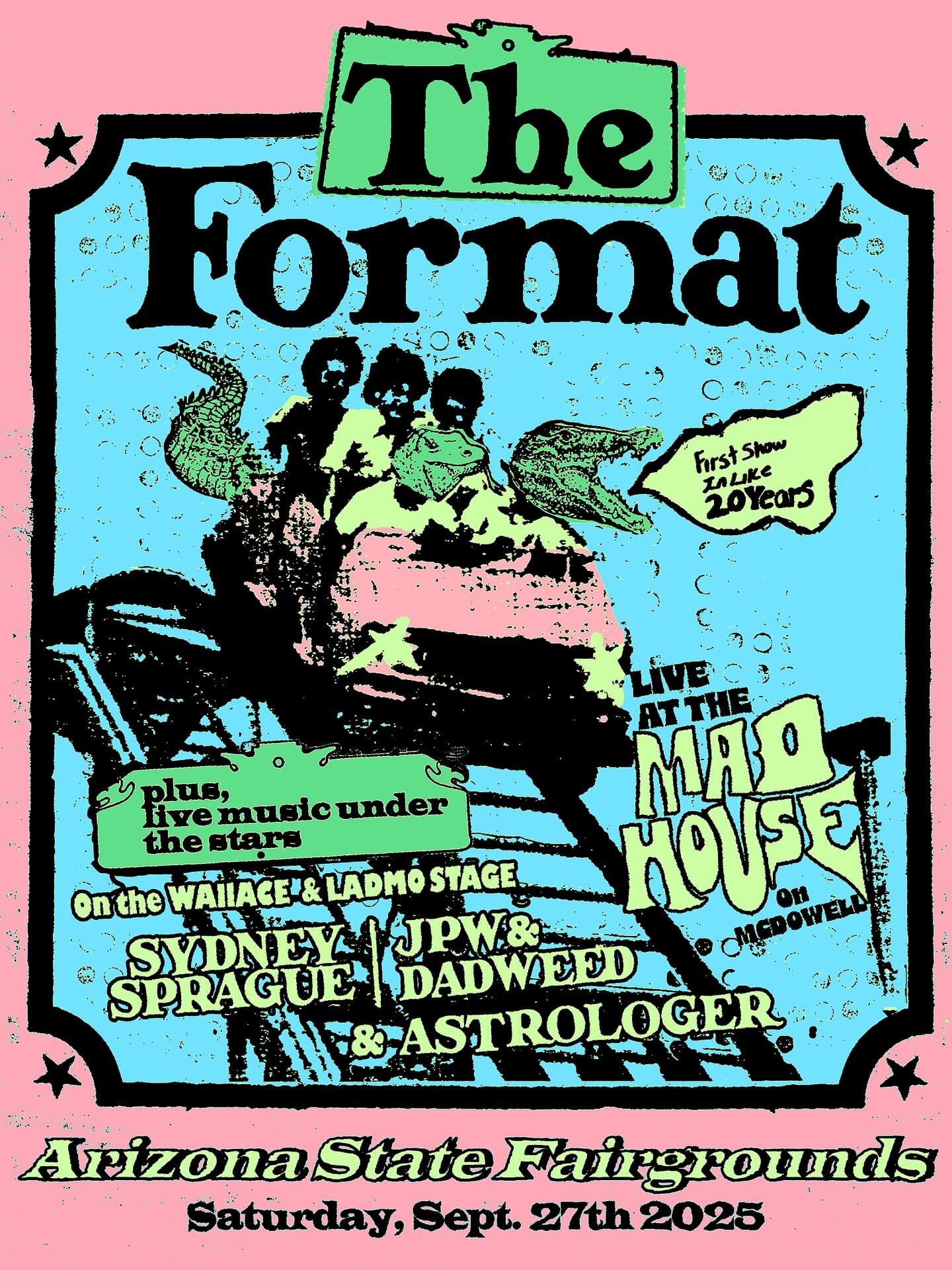 show flyer in pastel pink, green, and blue: illustration of people on a roller coaster and two have alligator heads pasted on top