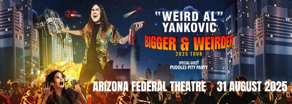 Bigger & Weirder 2025 Tour promo: giant Weird Al rampaging a city
