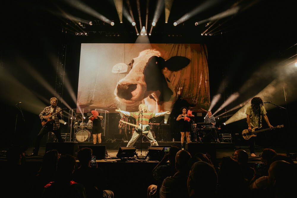 Al and band on stage in front of a big cow shot from the Smells Like Nirvana music video